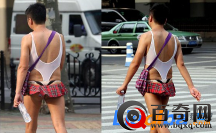 上海街头一男子打扮另类 下身迷你小短裙甚是妩媚