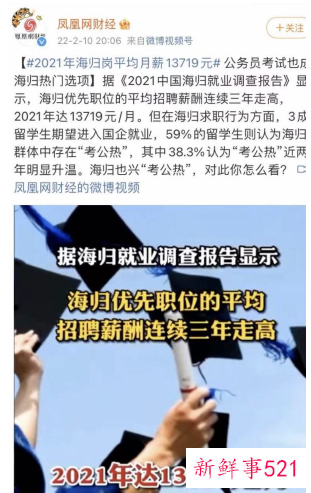 2021年海归就业报告显示留学生平均月薪1.3万