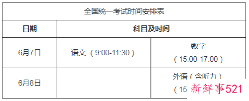 重庆高考考试时间安排表