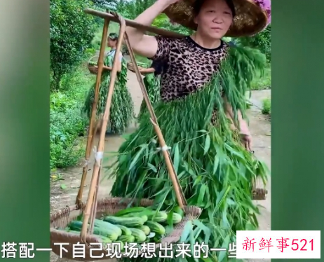 大妈抱蔬菜走秀