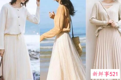 秋冬杏色半身纱裙搭配图片