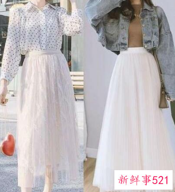 秋冬杏色半身纱裙搭配图片