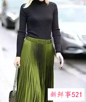 墨绿色百褶长裙配上衣图