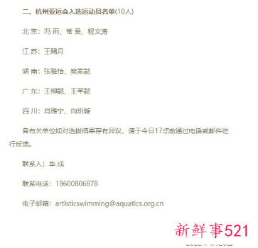 中国花游世锦赛及杭州亚运会入选名单公布