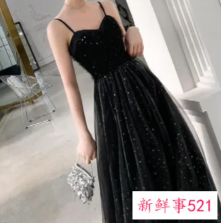 黑色晚装吊带修身连衣长裙