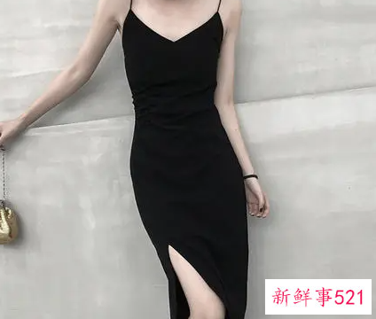 黑色晚装吊带修身连衣长裙