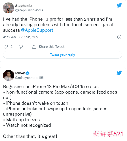 部分iPhone13出现间歇性触控失灵bug