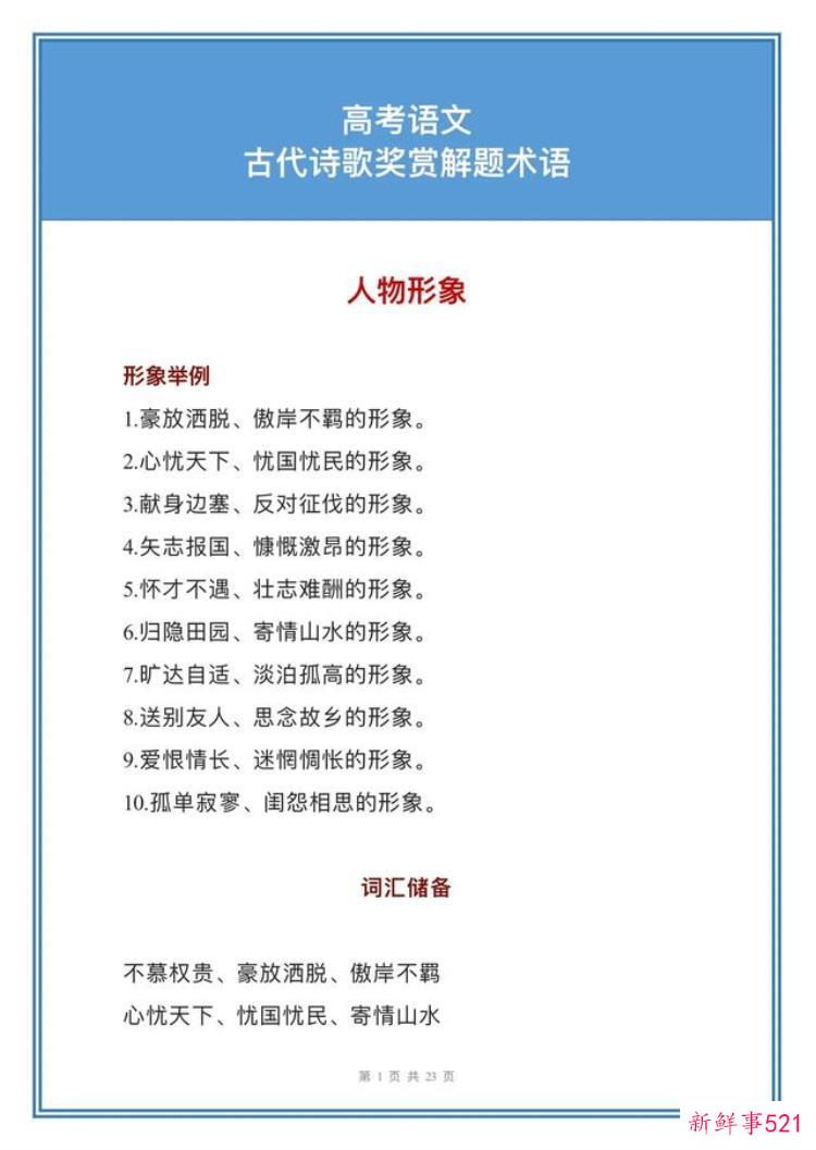 高中古诗词答题技巧高中鉴赏答题模板，高考常考诗歌鉴赏十二种答题模板