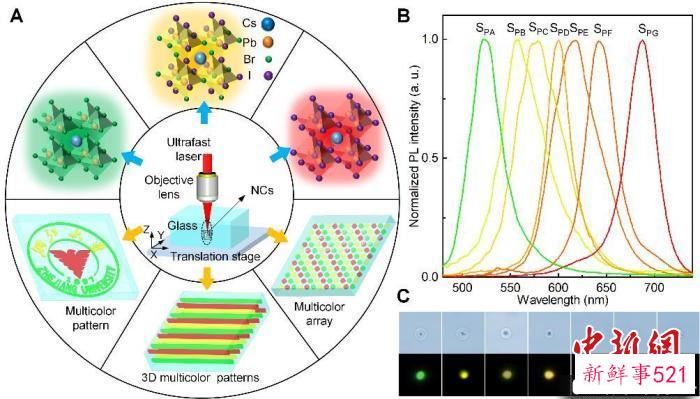 进展9：飞秒激光诱导带隙可控结构示意图以及三维图案化的实现。　进展完成团队 供图