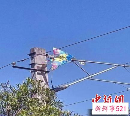 3月13日，金山线金山卫至金山园区区间接触网被居民放飞的风筝缠绕。　中国铁路上海局集团有限公司安全监察室供图