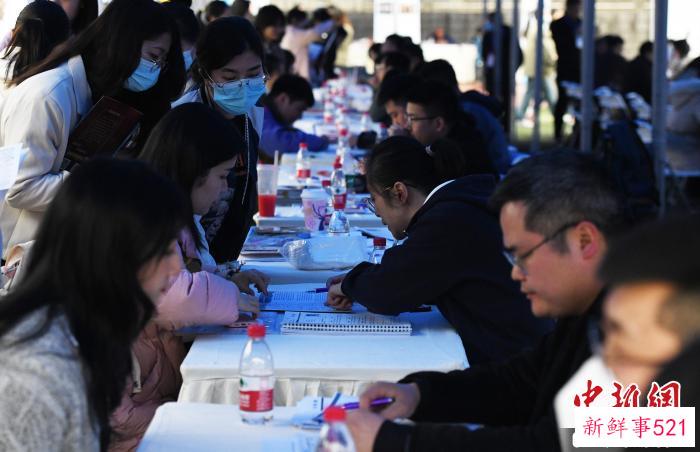 双选会现场，求职者正在应聘工作。　　周毅 摄