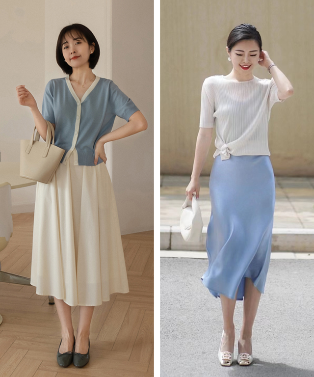 中年女人,这才是你该有的打扮:针织T恤+膝下裙,优雅知性又得体
