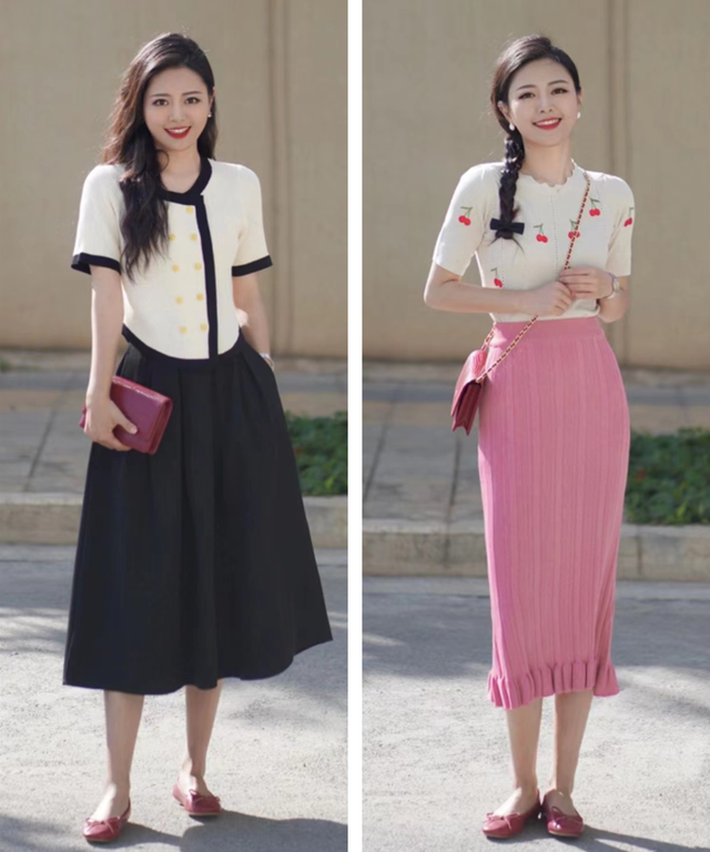 中年女人,这才是你该有的打扮:针织T恤+膝下裙,优雅知性又得体