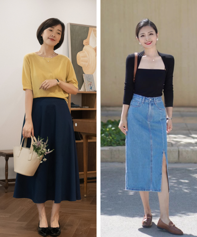 中年女人,这才是你该有的打扮:针织T恤+膝下裙,优雅知性又得体