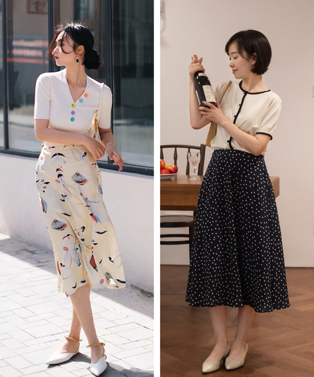 中年女人,这才是你该有的打扮:针织T恤+膝下裙,优雅知性又得体