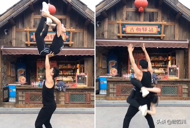 美女踩在男子肩膀和头顶上跳芭蕾,动作惊险唯美看呆路人