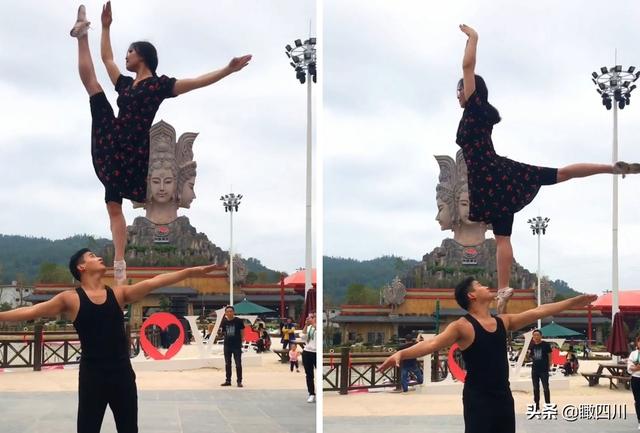 美女踩在男子肩膀和头顶上跳芭蕾,动作惊险唯美看呆路人