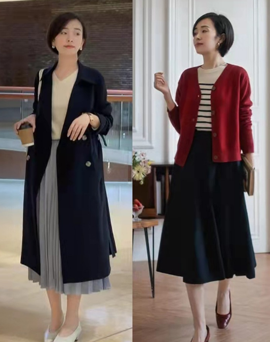 五六十岁的女人，“中粗跟鞋+裙子”，提升穿衣档次又巧妙增高