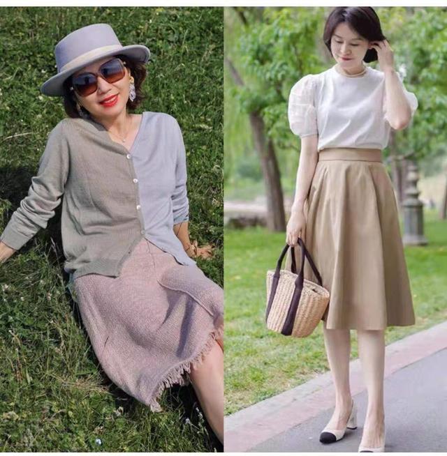 五六十岁的女人，“中粗跟鞋+裙子”，提升穿衣档次又巧妙增高
