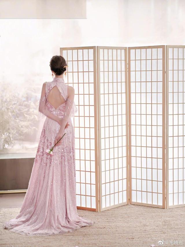 毛晓彤央视元宵晚会造型 穿粉色露背高开叉裙优雅高贵 风情妩媚