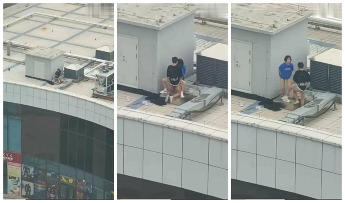 天台门事件 中学情侣翘课跑到商场天台啪啪解锁各种姿势几个围观吃瓜群众看得口干舌燥