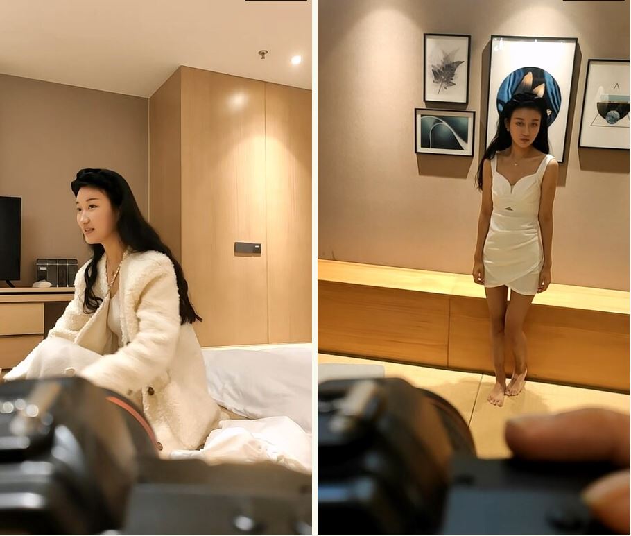 文静小美女，话比较少摆弄姿势，脱下内裤掰穴，换上性感连体网袜