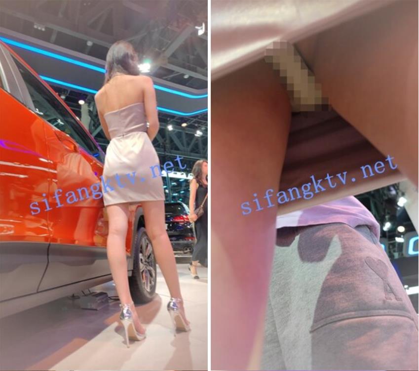 偷拍美女裙底风光成都车展银色连衣裙细高跟极品美女，白色窄内 UR级反差骚货黑丝筒袜配情趣开档内裤