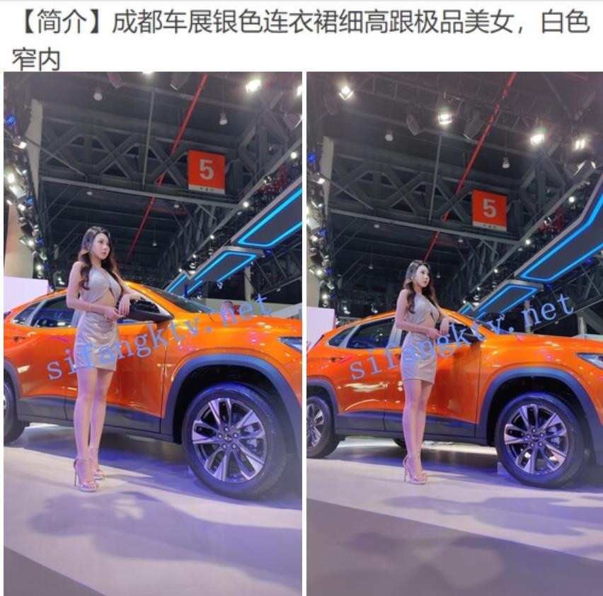 偷拍美女裙底风光成都车展银色连衣裙细高跟极品美女，白色窄内 UR级反差骚货黑丝筒袜配情趣开档内裤
