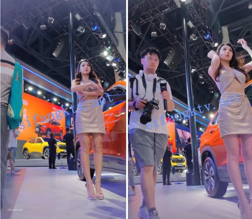 偷拍美女裙底风光成都车展银色连衣裙细高跟极品美女，白色窄内 UR级反差骚货黑丝筒袜配情趣开档内裤