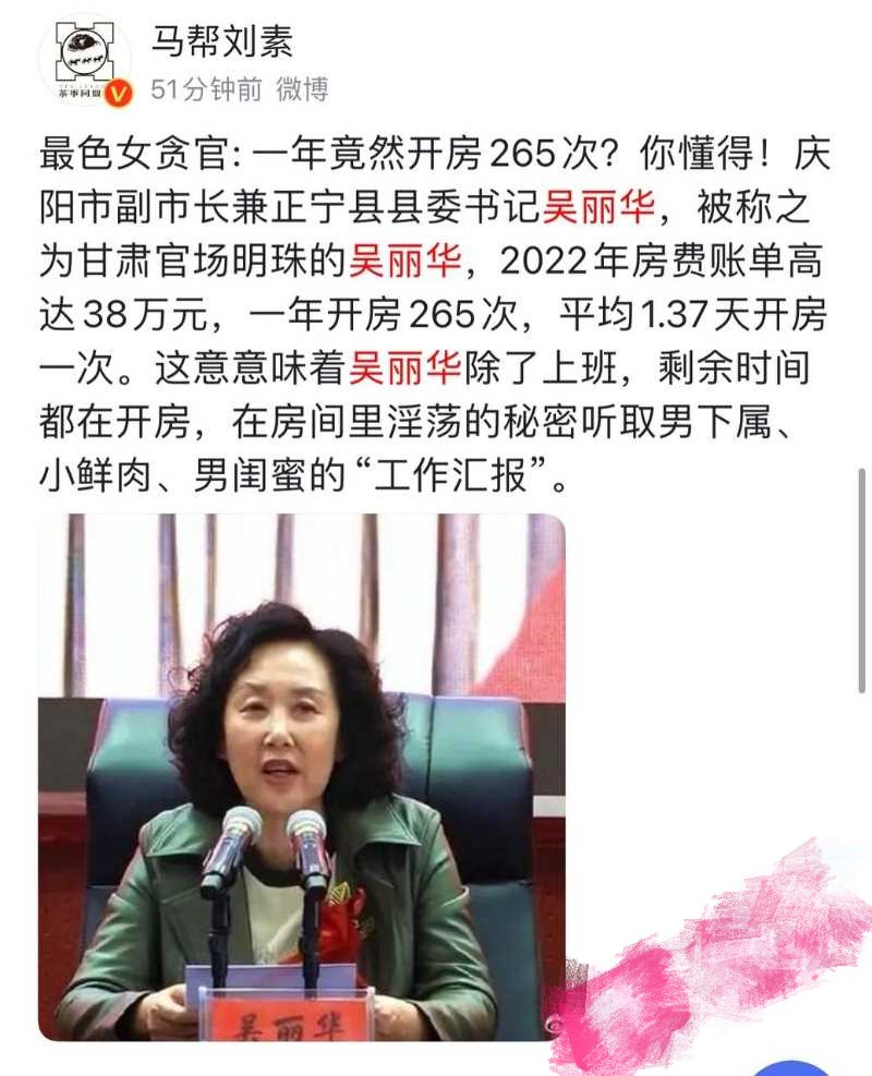 庆阳市原副市长吴丽华双规事件～卖肉上位养男人一年开房265次 平均1.37天一次