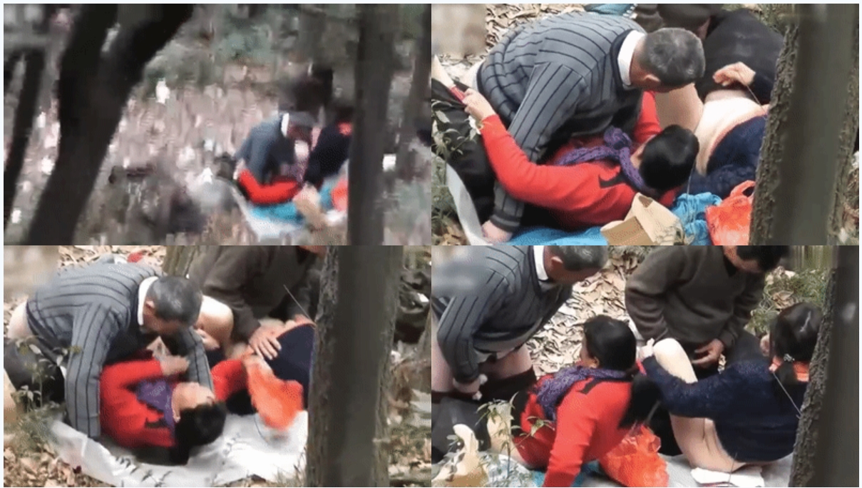 【门事件】年过50性欲旺盛的大妈大叔在深山树林中泄欲此等年纪还玩群P，简直牛逼惨了！